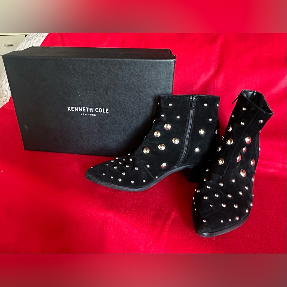 Kenneth Cole black suede bootie with silver studs.  Size 10